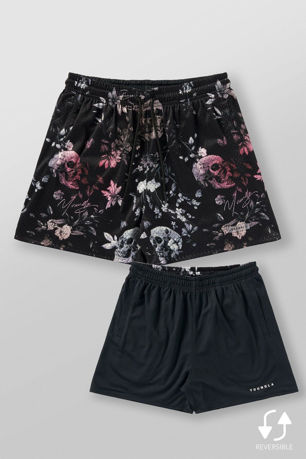 Black Young LA 1111 - Skulls & Roses Reversible Shorts NZ | 2301874-UR